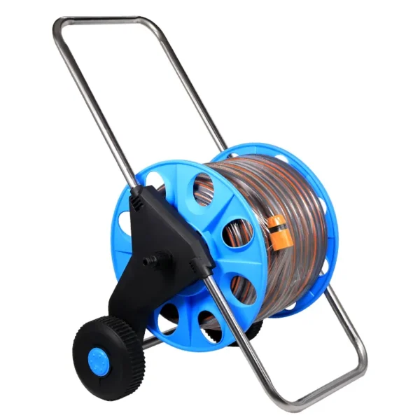 50m red and grey water pipe + blue storage cart with wheels (2)