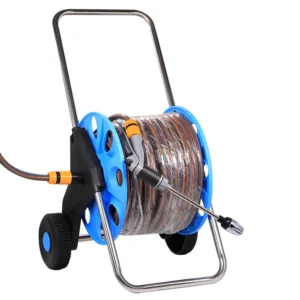 50m red and grey water pipe + blue storage cart with wheels (5)