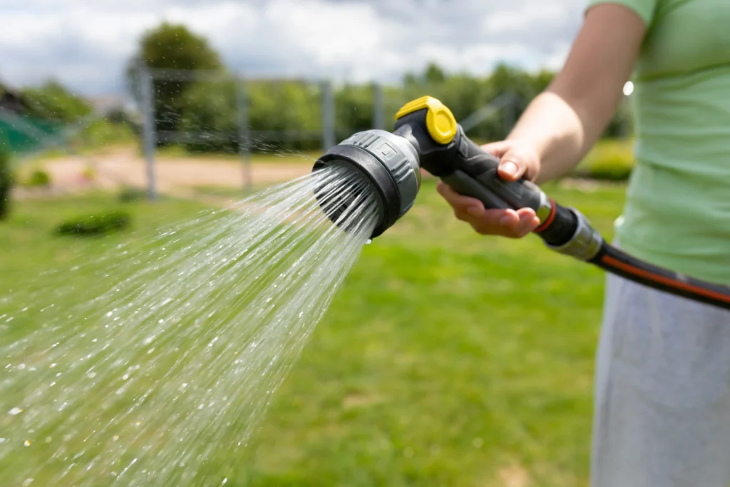 woman-watering-the-lawn-with-a-garden-water-nozzle