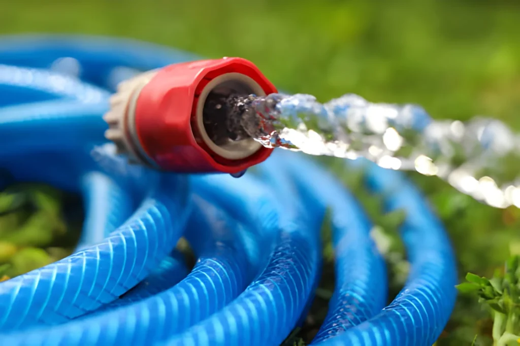 Water flowing from hose on green grass outdoors, closeup