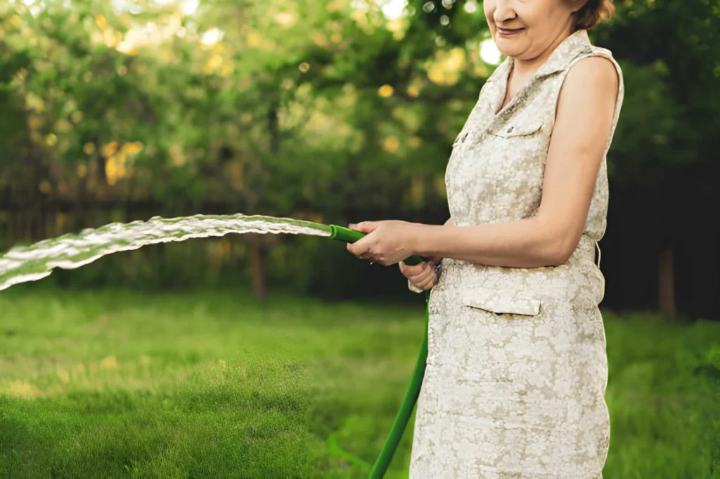 female gardener pouring plants in the garden with water hose